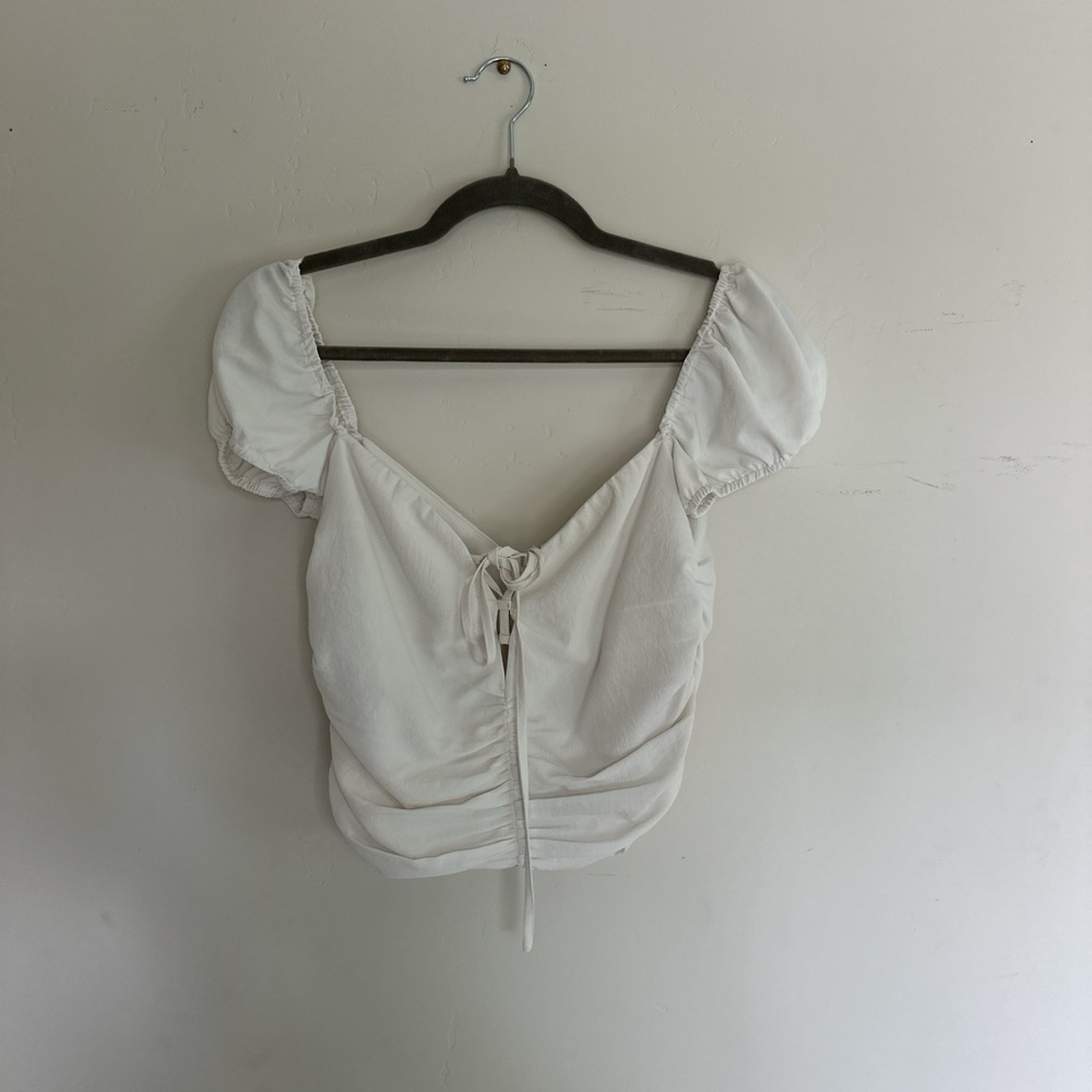 Tiger Mist White Puff Sleeve Crop Top with Tie Front